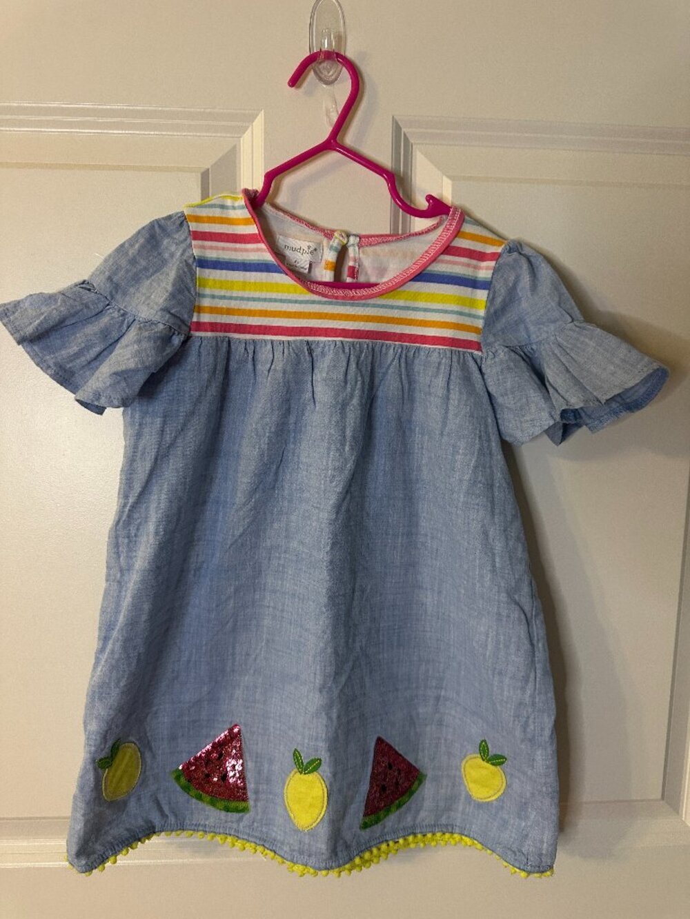 Mud Pie Chambray Watermelon Lemon Dress Rainbow Stripe Sequin Fruit Girls